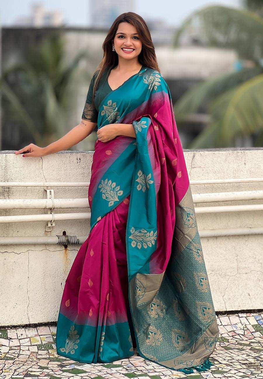 Priyangkrita Pink Soft Silk Floral Border Contrast Zari Woven Saree - Priyangkrita by Freekart