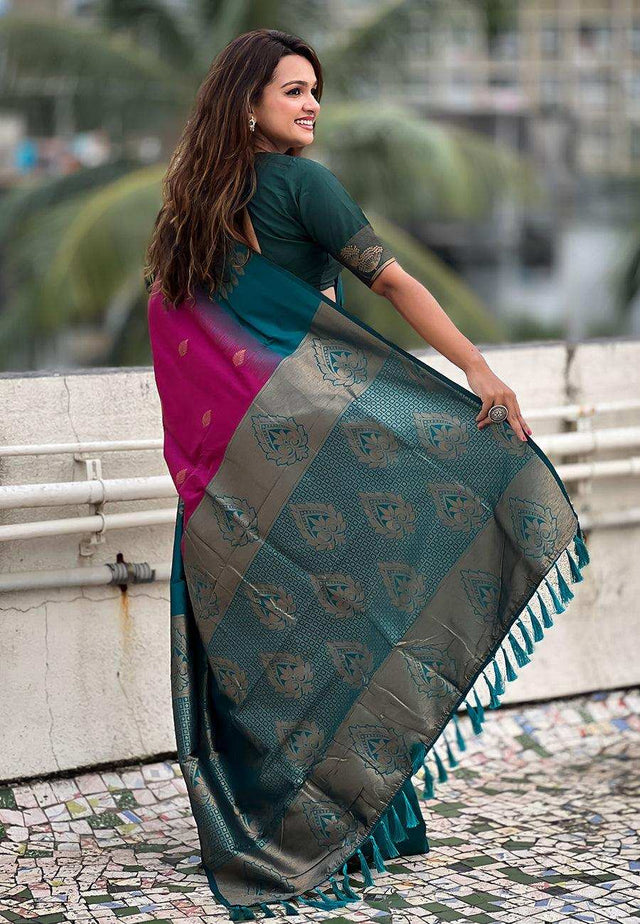 Priyangkrita Pink Soft Silk Floral Border Contrast Zari Woven Saree - Priyangkrita by Freekart