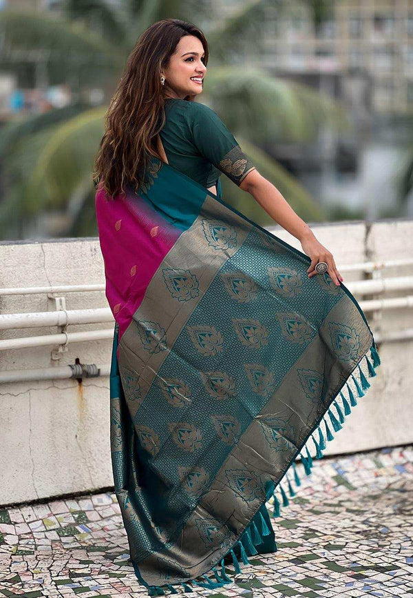 Priyangkrita Pink Soft Silk Floral Border Contrast Zari Woven Saree - Priyangkrita by Freekart
