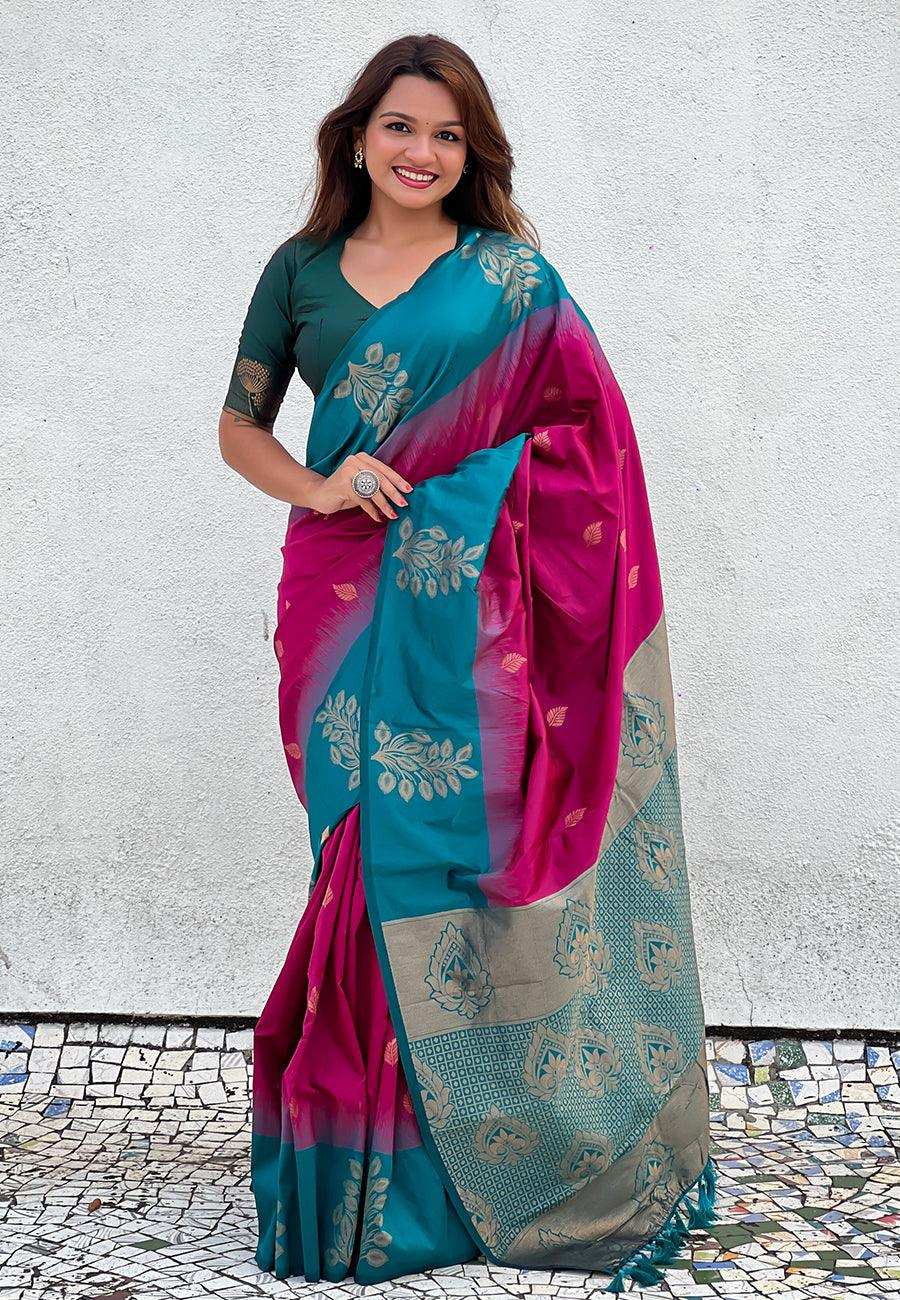 Priyangkrita Pink Soft Silk Floral Border Contrast Zari Woven Saree - Priyangkrita by Freekart