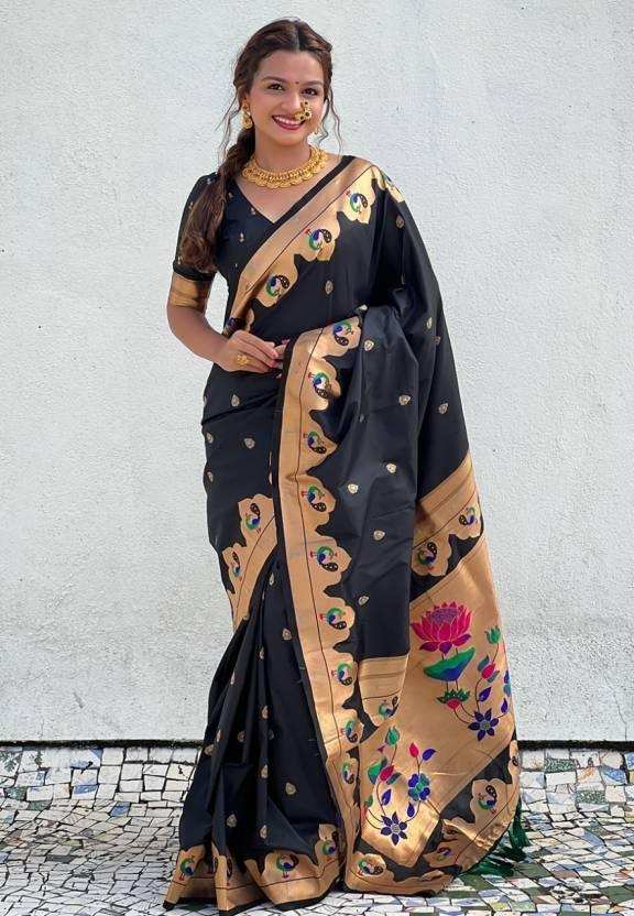 Priyangkrita Embellished Paithani Silk Blend Saree  (Black, Gold) - Priyangkrita by Freekart