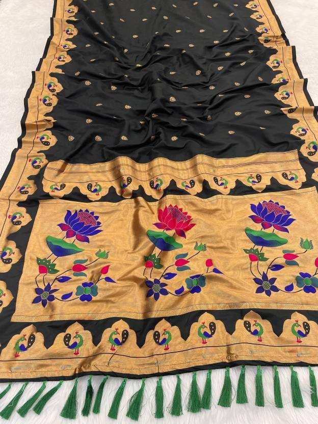 Priyangkrita Embellished Paithani Silk Blend Saree  (Black, Gold) - Priyangkrita by Freekart
