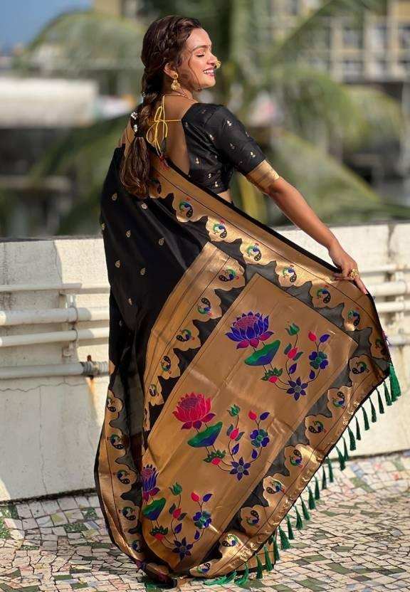Priyangkrita Embellished Paithani Silk Blend Saree  (Black, Gold) - Priyangkrita by Freekart