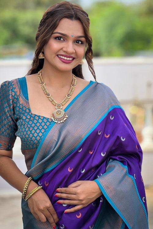 Priyangkrita Royal Blue Paithani Silk Saree With Magnificat Blouse Piece - Priyangkrita by Freekart