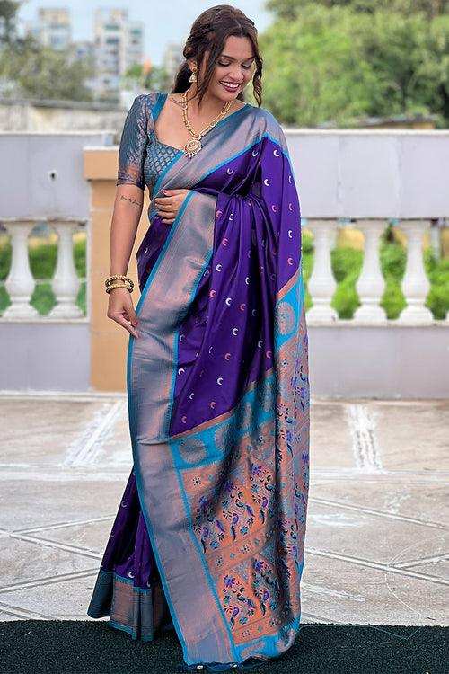 Priyangkrita Royal Blue Paithani Silk Saree With Magnificat Blouse Piece - Priyangkrita by Freekart