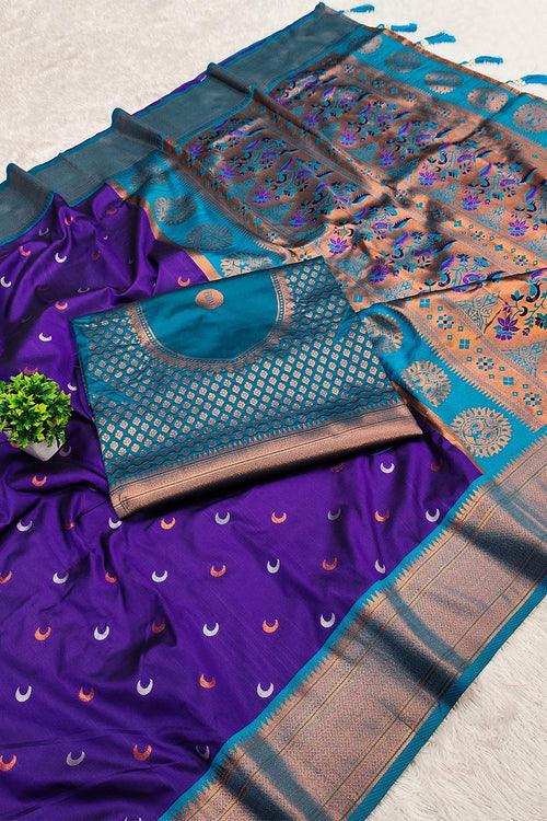 Priyangkrita Royal Blue Paithani Silk Saree With Magnificat Blouse Piece - Priyangkrita by Freekart