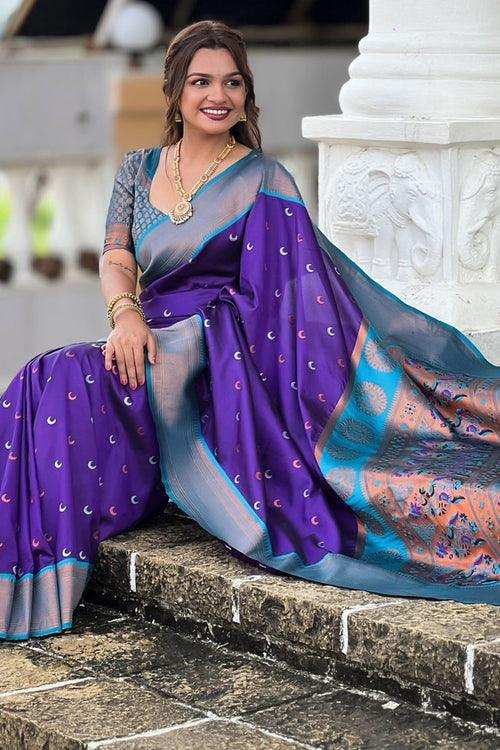 Priyangkrita Royal Blue Paithani Silk Saree With Magnificat Blouse Piece - Priyangkrita by Freekart