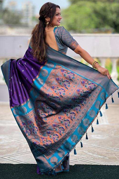 Priyangkrita Royal Blue Paithani Silk Saree With Magnificat Blouse Piece - Priyangkrita by Freekart