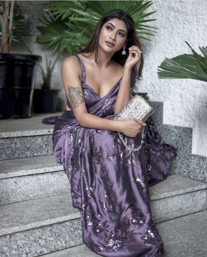 Embellished Bollywood Silk Blend Saree  (Purple) - Priyangkrita by Freekart