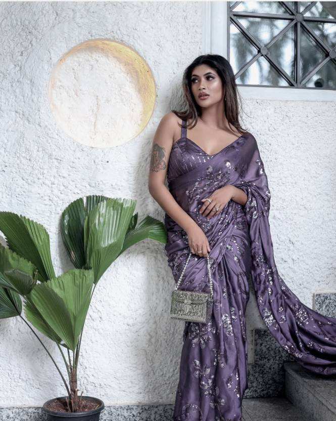 Embellished Bollywood Silk Blend Saree  (Purple) - Priyangkrita by Freekart