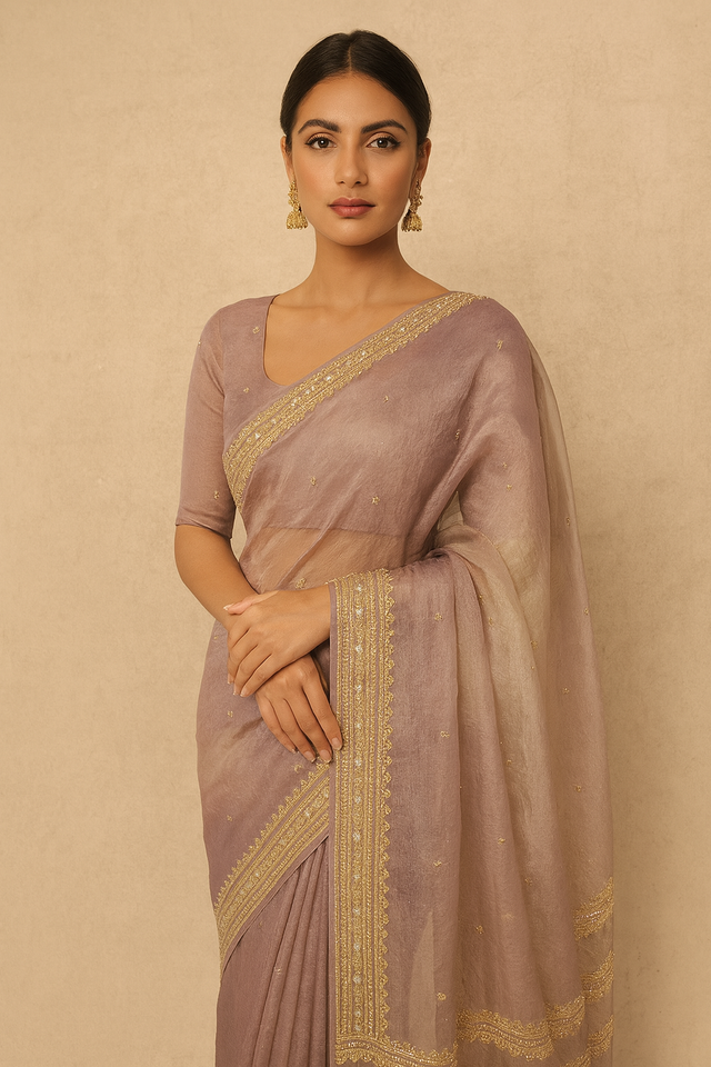 Crushed Tissue Organza Embroidered Saree