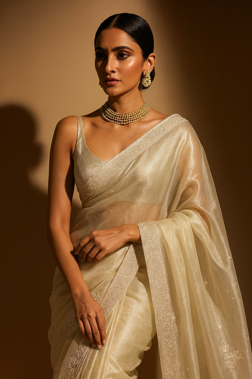 Ivory Organza Saree with Zari Border - Partywear & Wedding Saree