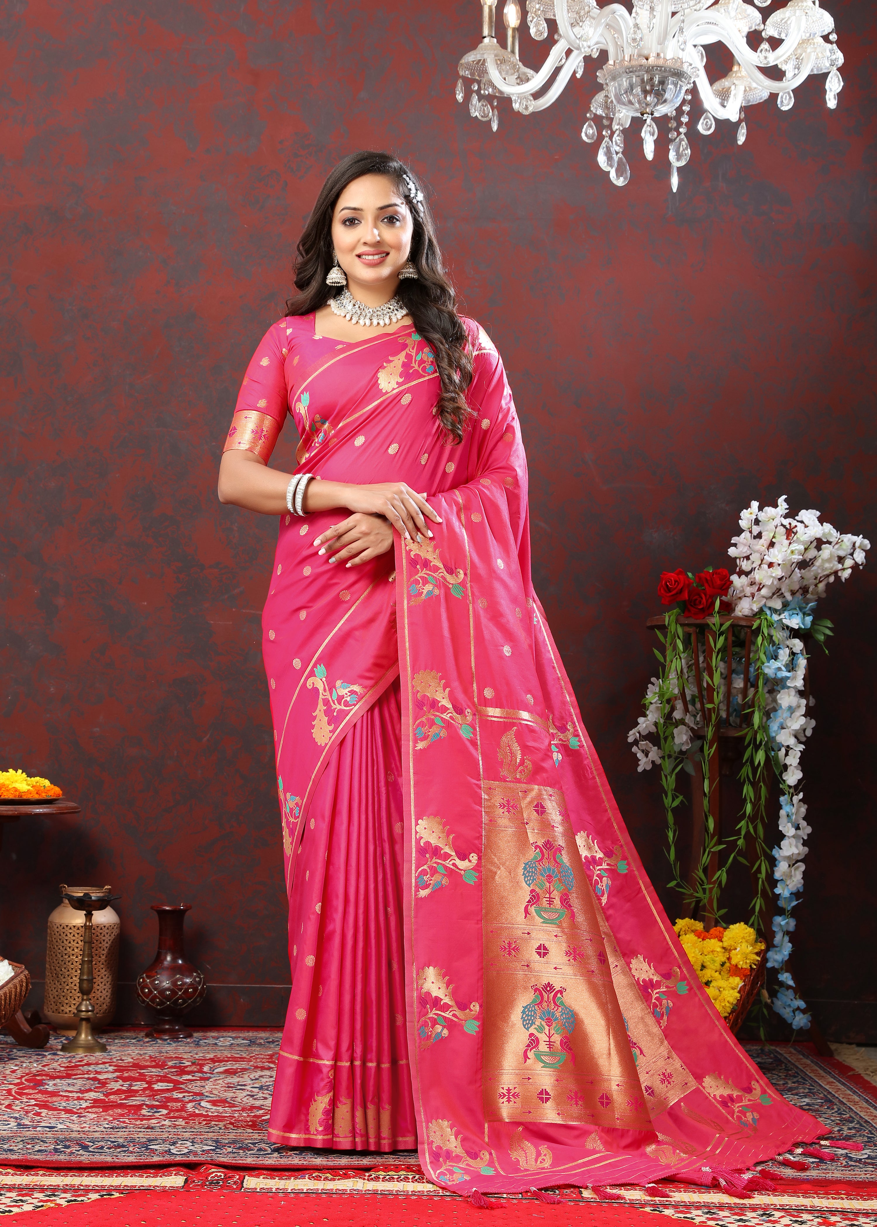 Priyangkrita Epiphany Dark Pink Paithani Silk Saree With Ornate Blouse Piece