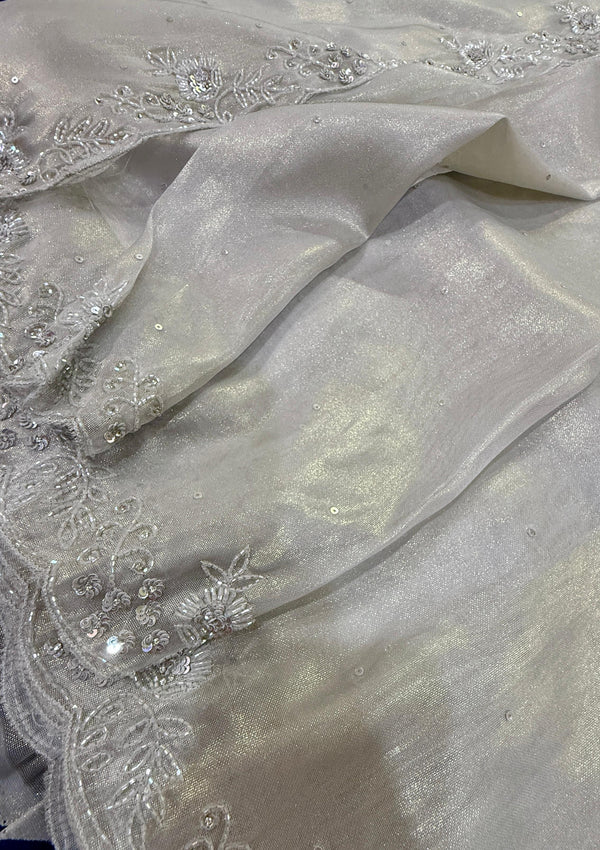 Ivory Organza Saree with Zari Border - Partywear & Wedding Saree