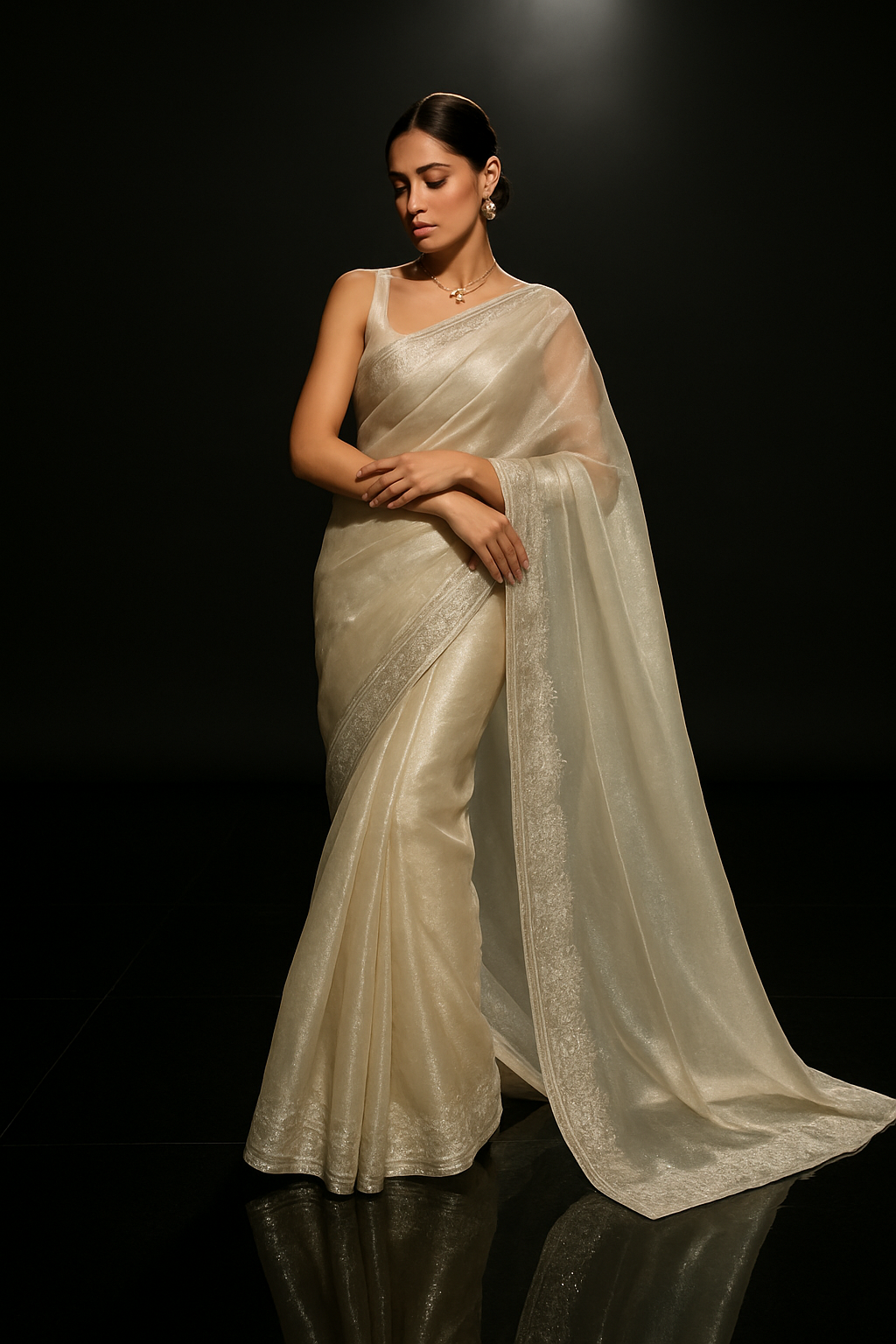 Ivory Organza Saree with Zari Border - Partywear & Wedding Saree